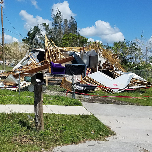 Wrecked house from tornado during hurricane.